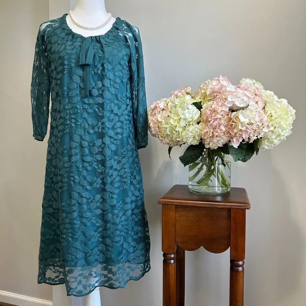 garnet hill lace dress Garnet Hill Lace Shift Dress Bell Sleeve Taupe Round Neck Size 12